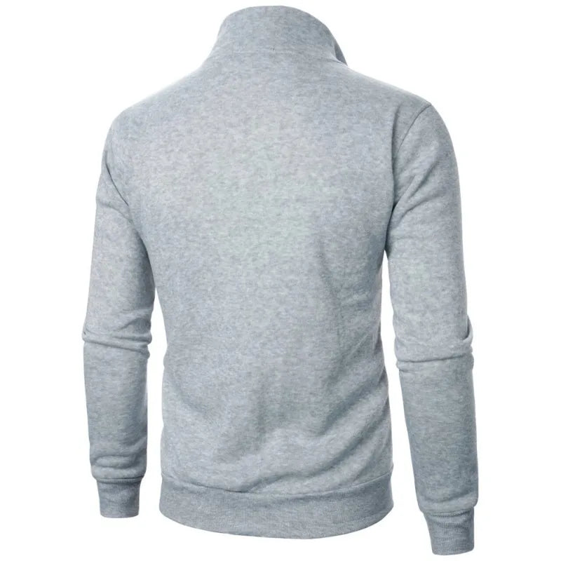 Men's baseball style autumn jacket in light gray heathered fabric with stand-up collar - casual streetwear hoodie, back view