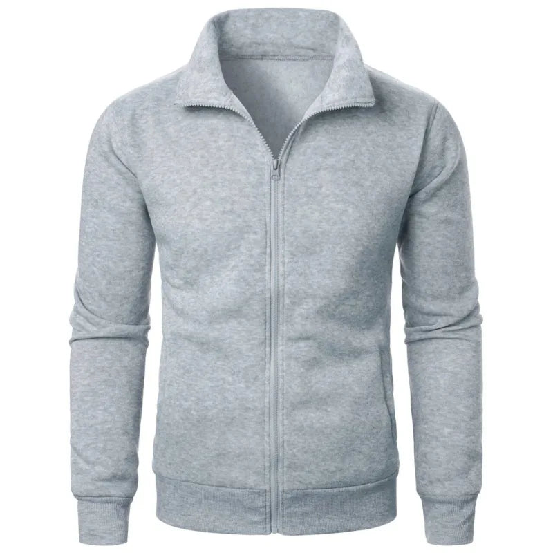 Men's baseball style autumn jacket in light gray heathered fabric with stand-up collar, full zipper and side pockets - casual streetwear hoodie, front view