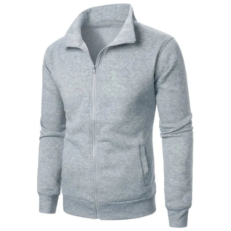 Men's baseball style autumn jacket in light gray heathered fabric with stand-up collar and full zipper - casual streetwear hoodie, side angle view