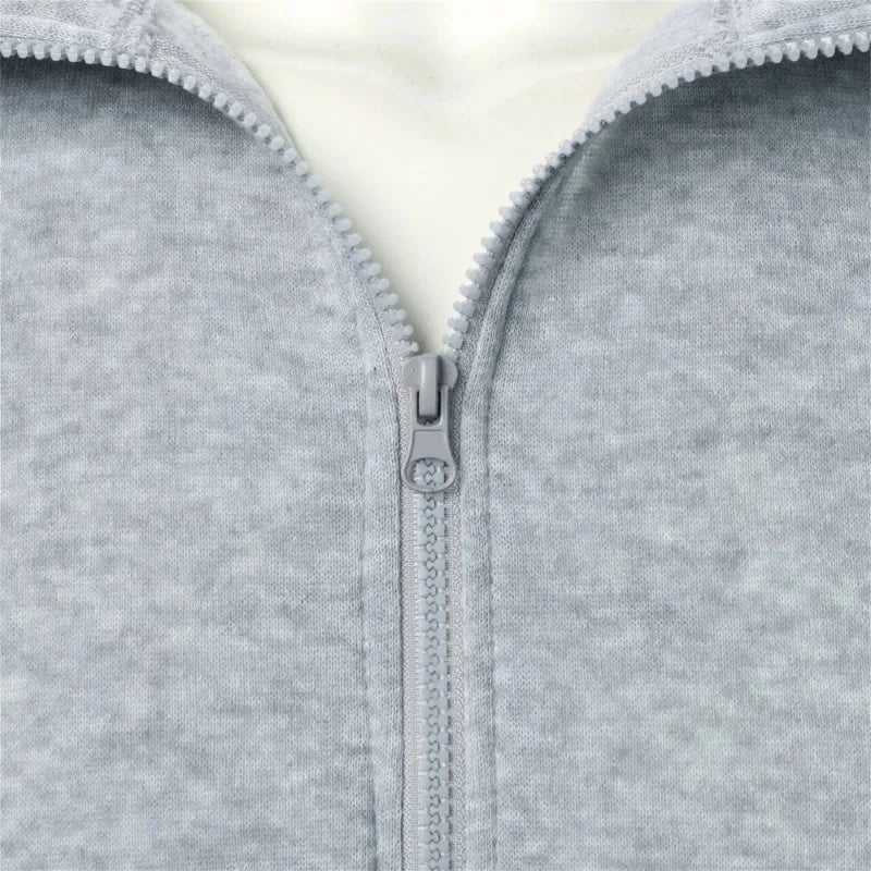Men's baseball style autumn jacket in light gray heathered fabric - full zipper closeup detail