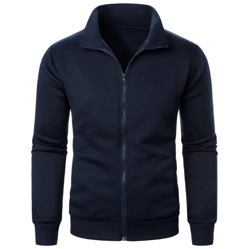 Men's baseball style autumn jacket in navy blue with stand-up collar and full zipper - casual streetwear hoodie, front view