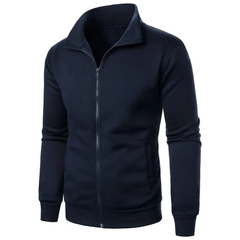 Men's baseball style autumn jacket in navy blue with stand-up collar and full zipper - casual streetwear hoodie, front view