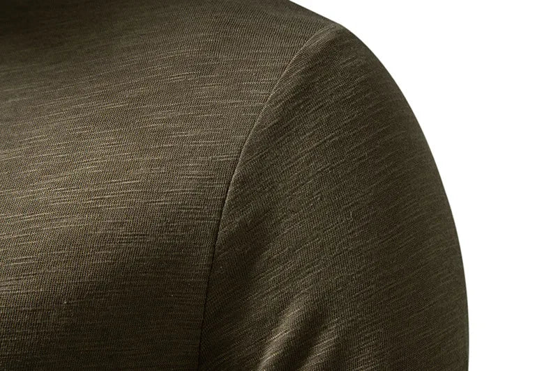 Men's long sleeve cotton Henley shirt, army green, fabric texture and shoulder detail, close-up