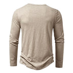 Men's slim fit long sleeve cotton Henley shirt, beige, back view
