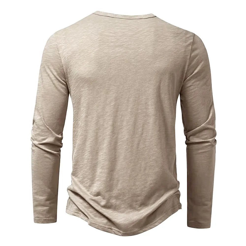 Men's slim fit long sleeve cotton Henley shirt, beige, back view