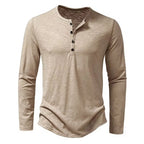 Men's slim fit long sleeve cotton Henley shirt, beige, front view
