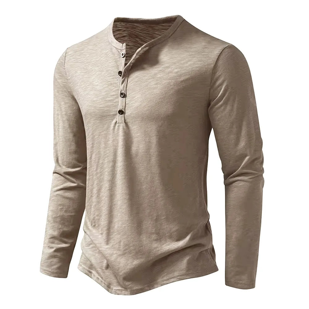 Men's slim fit long sleeve cotton Henley shirt, beige, front view