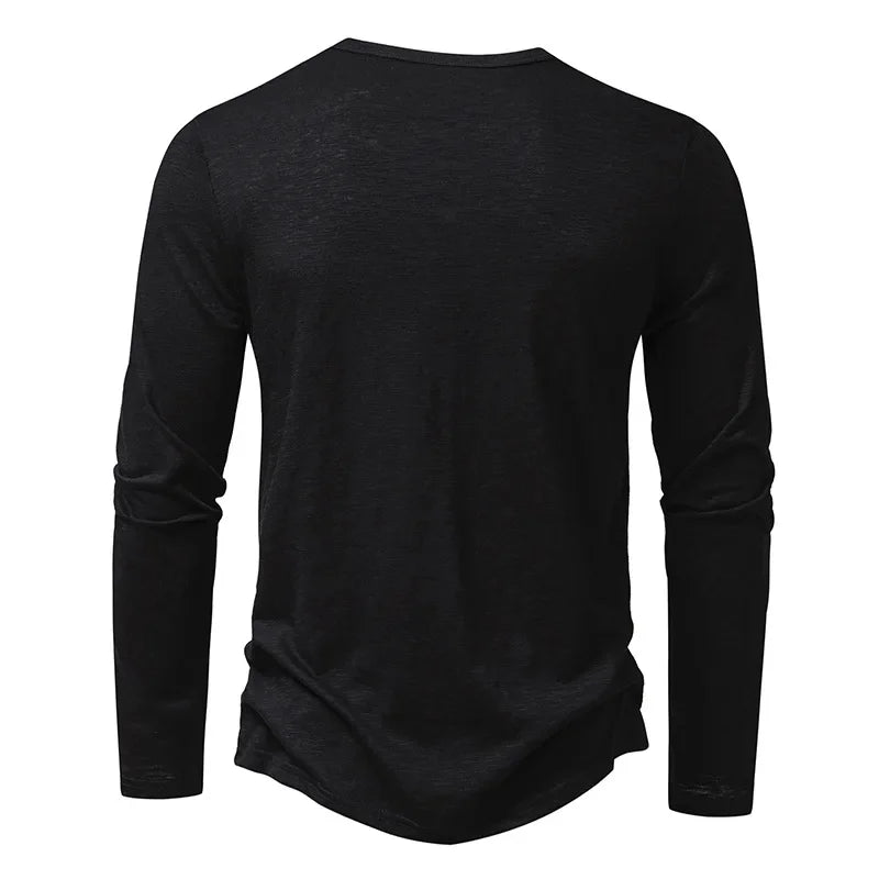 Men's slim fit long sleeve cotton Henley shirt, black, back view