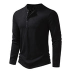 Men's slim fit long sleeve cotton Henley shirt, black, front view