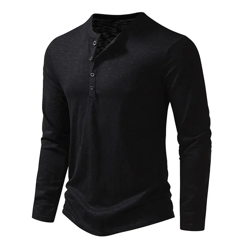 Men's slim fit long sleeve cotton Henley shirt, black, front view