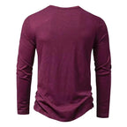 Men's slim fit long sleeve cotton Henley shirt, burgundy, back view