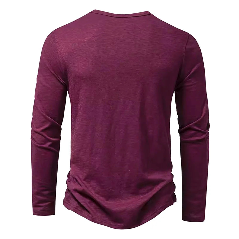 Men's slim fit long sleeve cotton Henley shirt, burgundy, back view
