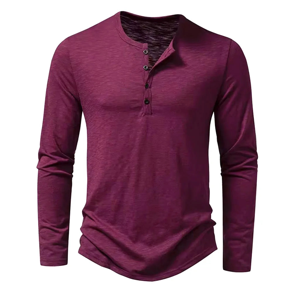 Men's slim fit long sleeve cotton Henley shirt, burgundy, front view