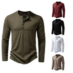 Men's slim fit long sleeve cotton Henley shirt, olive green, front view with available color options