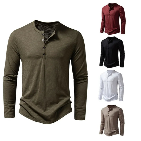 Men's slim fit long sleeve cotton Henley shirt, olive green, front view with available color options