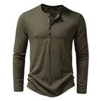 Men's slim fit long sleeve cotton Henley shirt, olive green, front view