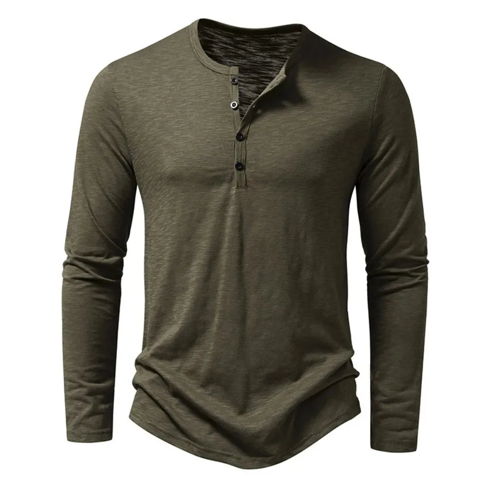 Men's slim fit long sleeve cotton Henley shirt, olive green, front view