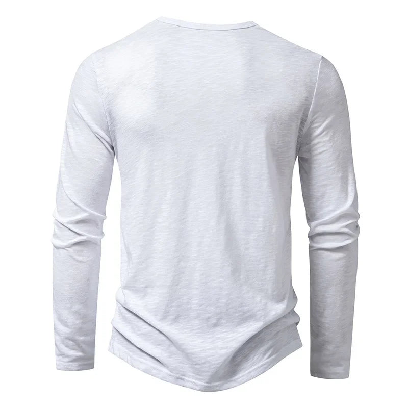 Men's slim fit long sleeve cotton Henley shirt, white, back view