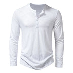 Men's slim fit long sleeve cotton Henley shirt, white, front view