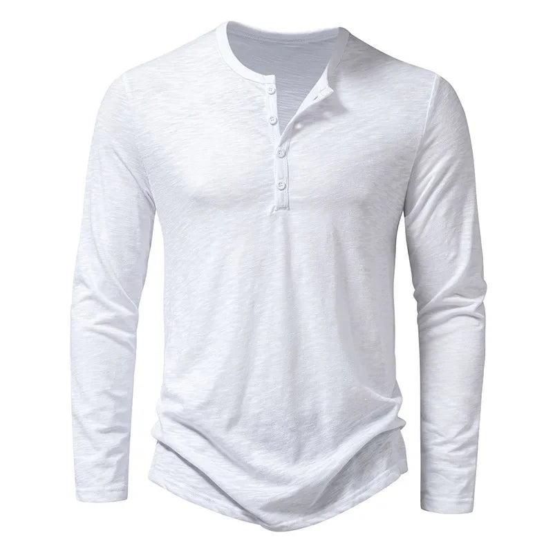 Men's slim fit long sleeve cotton Henley shirt, white, front view