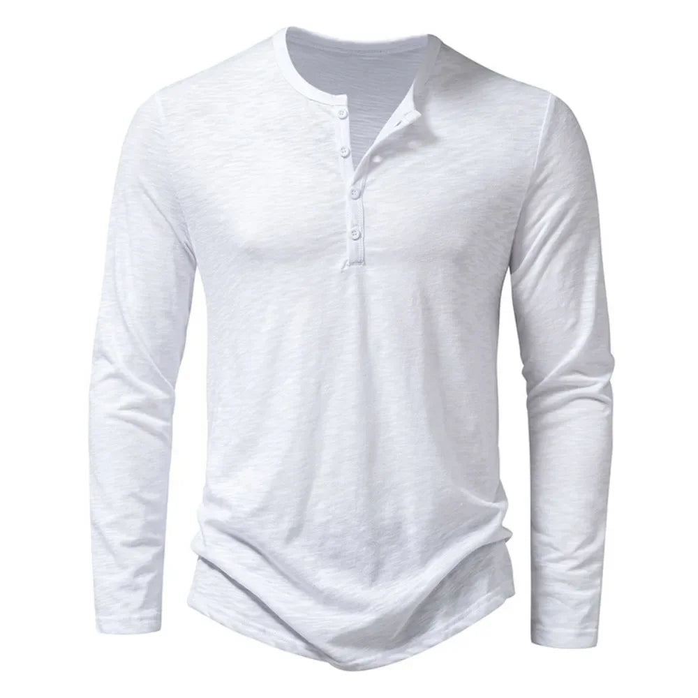 Men's slim fit long sleeve cotton Henley shirt, white, front view
