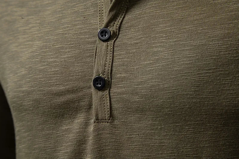 Men's long sleeve cotton Henley shirt, olive, Henley neck button placket detail, close-up