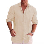 Men's cotton linen shirt in beige, long sleeve with rolled-up cuffs, styled on model front view