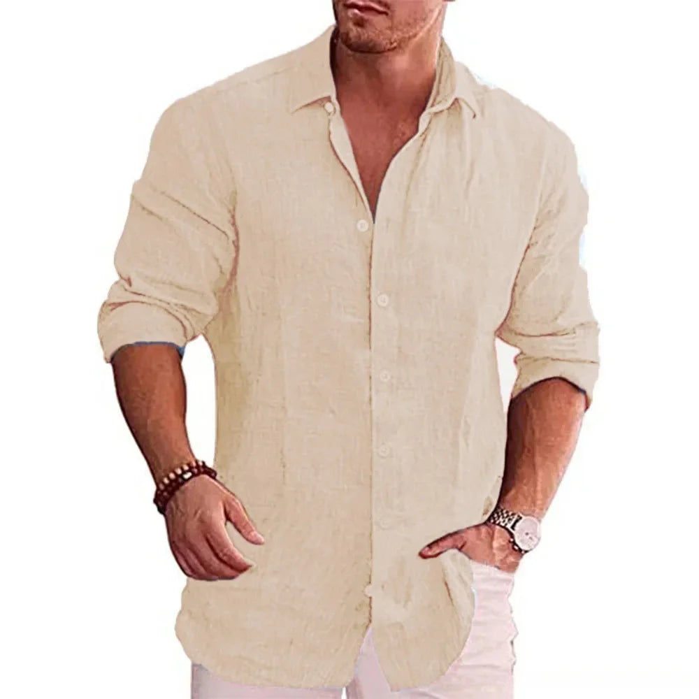 Men's cotton linen shirt in beige, long sleeve with rolled-up cuffs, styled on model front view