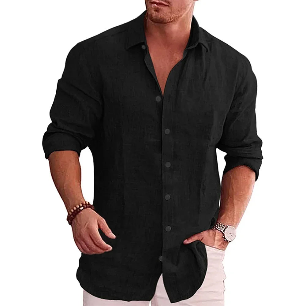 Men's cotton linen shirt in black, long sleeve with rolled-up cuffs, styled on model front view