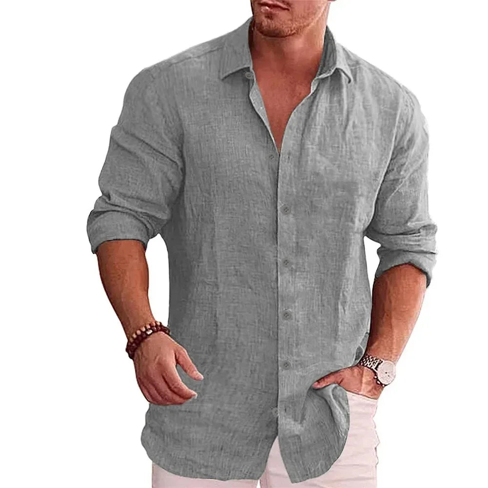 Men's cotton linen shirt in gray, long sleeve with rolled-up cuffs, styled on model front view
