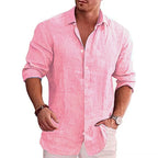 Men's cotton linen shirt in pink, long sleeve with rolled-up cuffs, styled on model front view