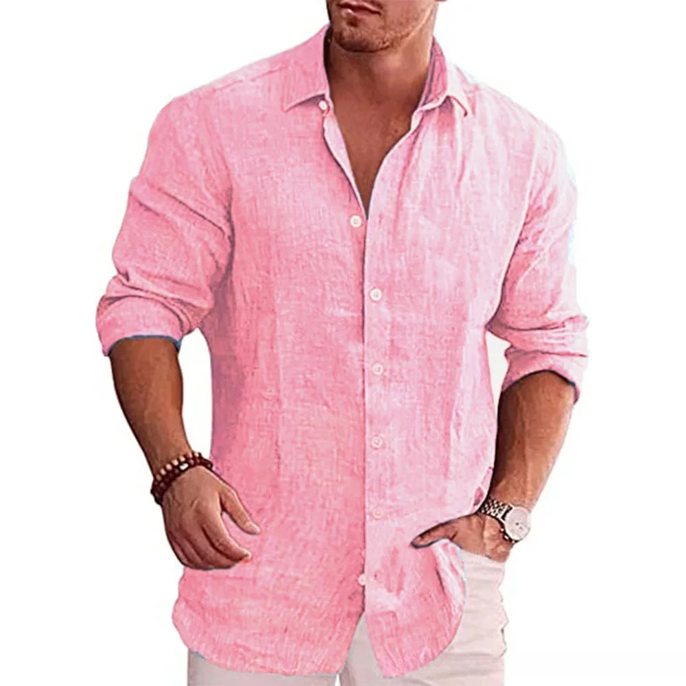Men's cotton linen shirt in pink, long sleeve with rolled-up cuffs, styled on model front view