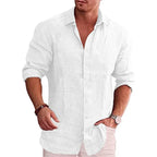 Men's cotton linen shirt in white, long sleeve with rolled-up cuffs, styled on model front view
