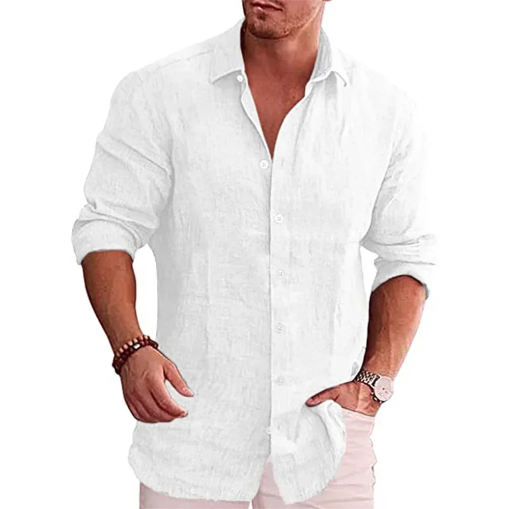 Men's cotton linen shirt in white, long sleeve with rolled-up cuffs, styled on model front view