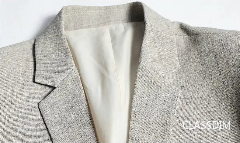 Men's slim fit blazer, beige, notched lapel and fabric texture detail, close-up