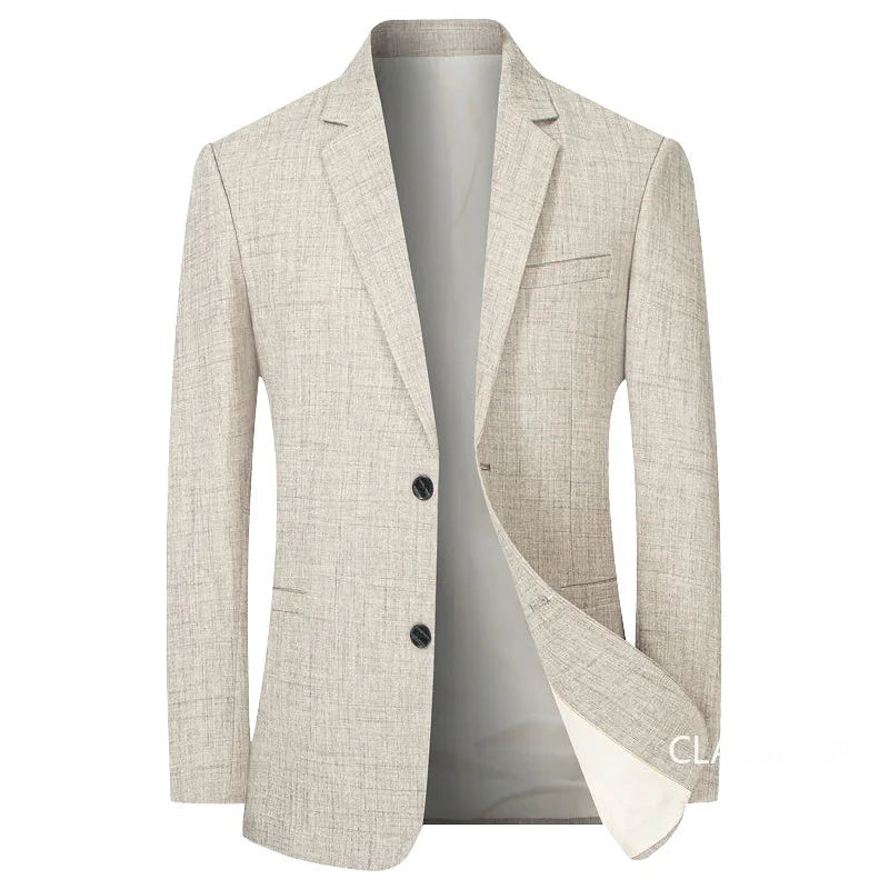 Men's slim fit single breasted blazer, cotton-polyester blend, beige, front view