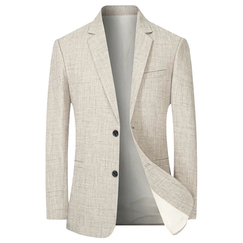 Men's slim fit single breasted blazer, cotton-polyester blend, beige, front view