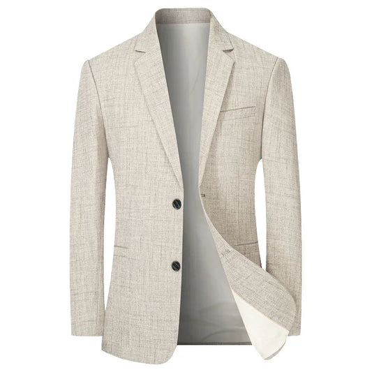 Men's slim fit single breasted blazer, cotton-polyester blend, beige, front view