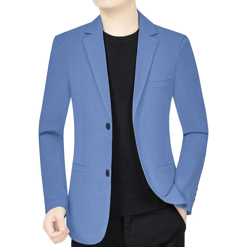 Men's slim fit single breasted blazer, cotton-polyester blend, blue, styled on mannequin with black t-shirt, front view