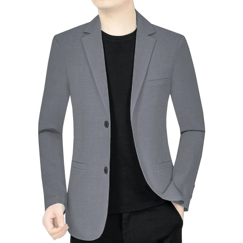 Men's slim fit single breasted blazer, cotton-polyester blend, dark gray, styled on mannequin with black t-shirt, front view
