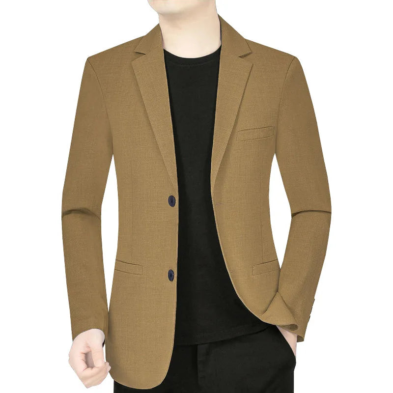 Men's slim fit single breasted blazer, cotton-polyester blend, khaki, styled on mannequin with black t-shirt, front view