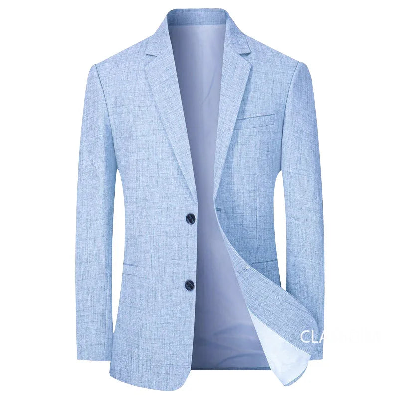 Men's slim fit single breasted blazer, cotton-polyester blend, light blue, front view
