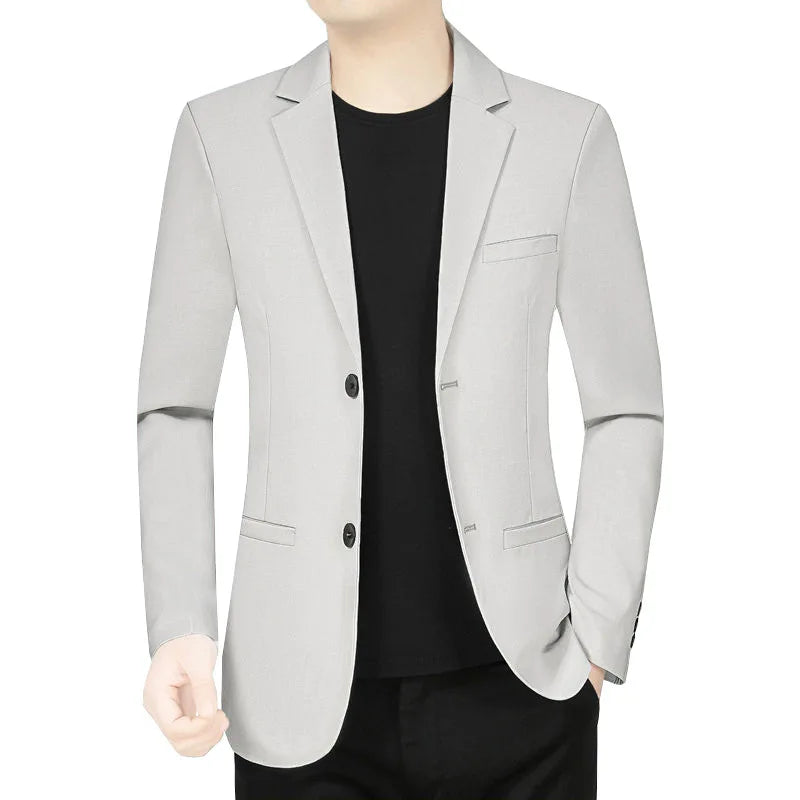 Men's slim fit single breasted blazer, cotton-polyester blend, light gray, styled on mannequin with black t-shirt, front view