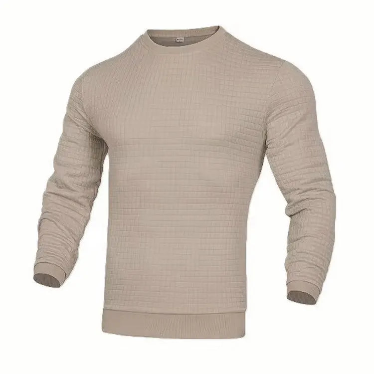 Men's crew neck sweatshirt in beige with ribbed cuffs and hem - solid color cotton blend pullover, front view