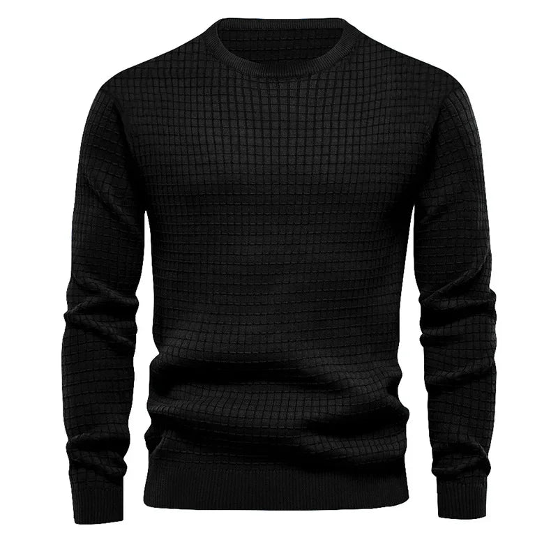 Men's crew neck sweatshirt in black with geometric textured knit pattern - solid color cotton blend pullover, front view