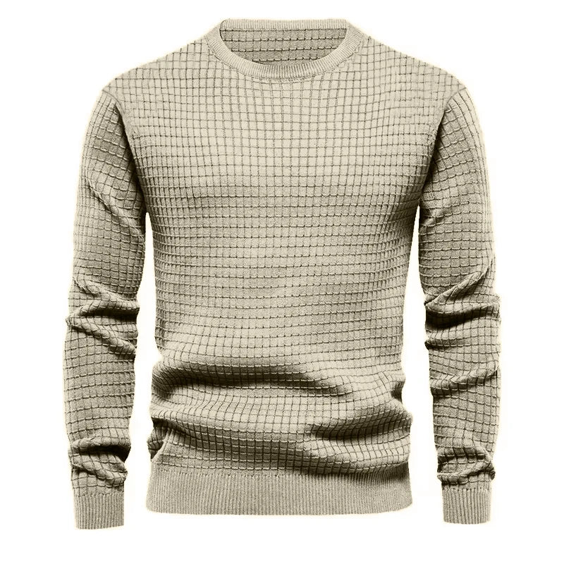 Men's crew neck sweatshirt in cream with checkered textured knit pattern - solid color cotton blend pullover, front view