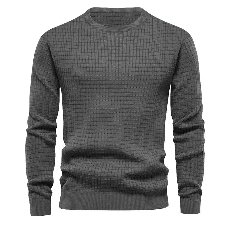 Men's crew neck sweatshirt in dark gray with geometric textured knit pattern - solid color cotton blend pullover, front view