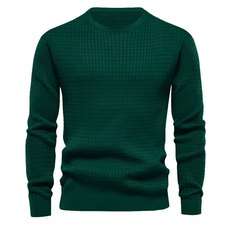 Men's crew neck sweatshirt in dark green with geometric textured knit pattern - solid color cotton blend pullover, front view