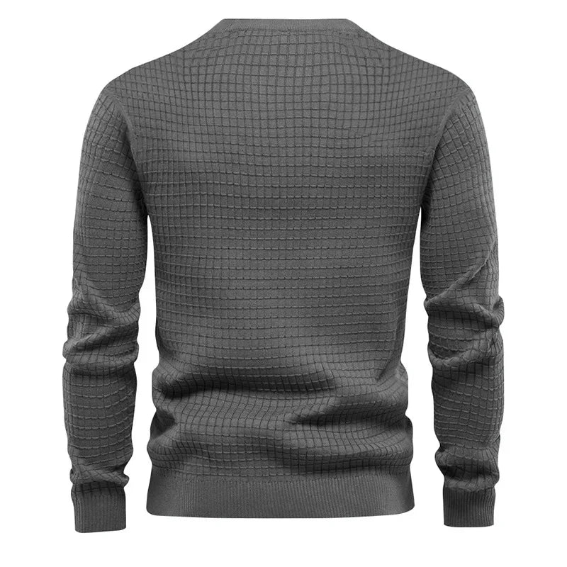 Men's crew neck sweatshirt in gray with geometric textured knit pattern - solid color cotton blend pullover, back view