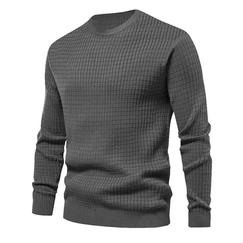 Men's crew neck sweatshirt in gray with textured knit pattern - solid color cotton blend pullover, front view